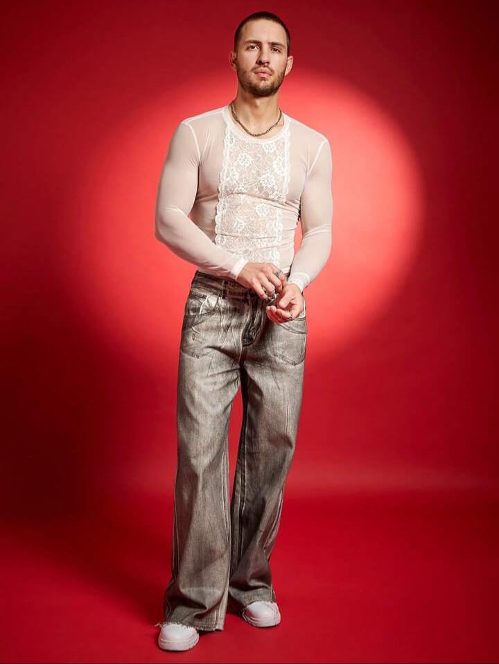 Men's Lace Patchwork Sheer Cut-Short T-Shirt